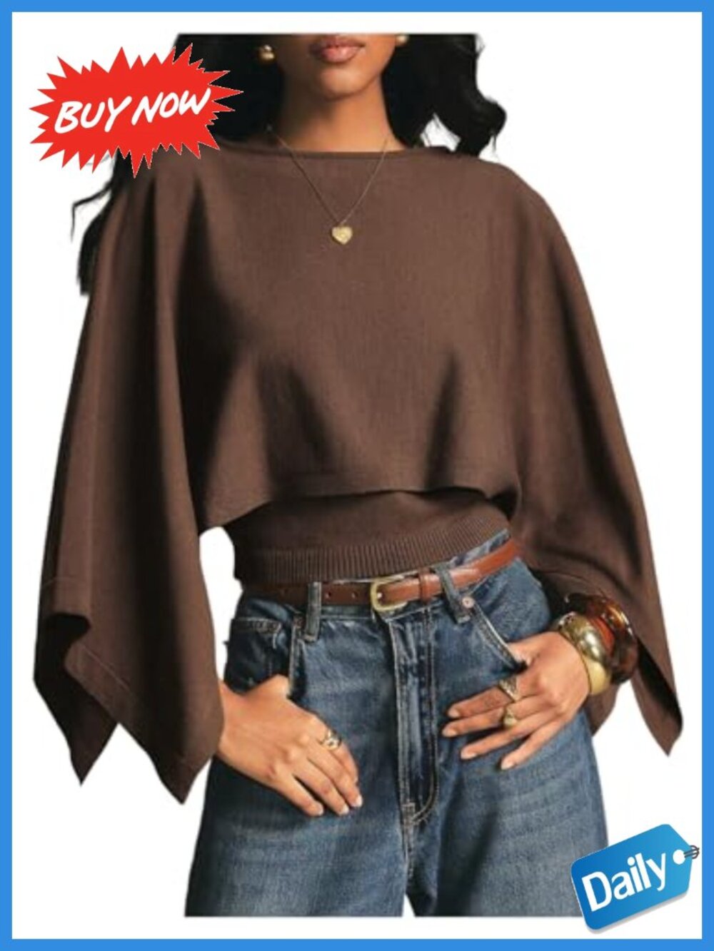 Asymmetrical Poncho Sweater Cropped Knit 3/4 Sleeve Pullover Top